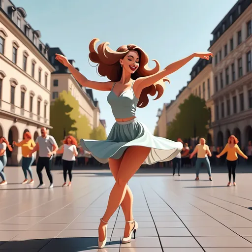 Prompt: In cartoon style Beautiful woman dancing on the public square