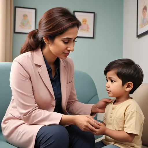 Prompt: Pakistani female clinical psychologist in session with 3-year-old Asian boy, warm and empathetic demeanor, cozy therapy room with soft pastel colors, professional and caring approach, high-res realistic digital illustration, compassionate, supportive, detailed facial expressions, nurturing environment, professional attire, comforting lighting, realistic digital illustration, warm tones, detailed emotional connection, supportive environment, warm and inviting, professional, caring