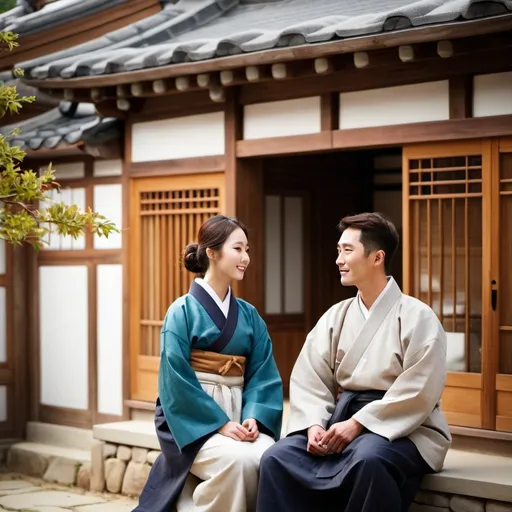 Prompt: A traditional Korean Hanok house, with a 20-year-old Korean man and woman together. The scene is set in a serene and authentic setting, capturing the cultural essence of Korea. The Hanok's wooden architecture and tiled roof are prominent, with natural light filtering through paper windows. The man and woman are dressed in casual modern clothing, engaging in a relaxed and friendly conversation, reflecting harmony between traditional and contemporary lifestyles.
