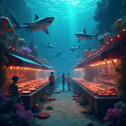 Prompt: Underwater BBQ Carnival
#underwater #bbq #fish #grill #seafood #carnival #ocean #lights #sharks #octopus

In the deep ocean, bioluminescent grills line coral streets where octopuses roast kebabs and sharks flip steaks under swirling neon lights. Jellyfish carry trays of drinks, and lobsters dance beside giant seagrass inflatables at an underwater carnival of flavors. Bubbles shimmer with sizzling sound effects in this absurd, aquatic food fest.

