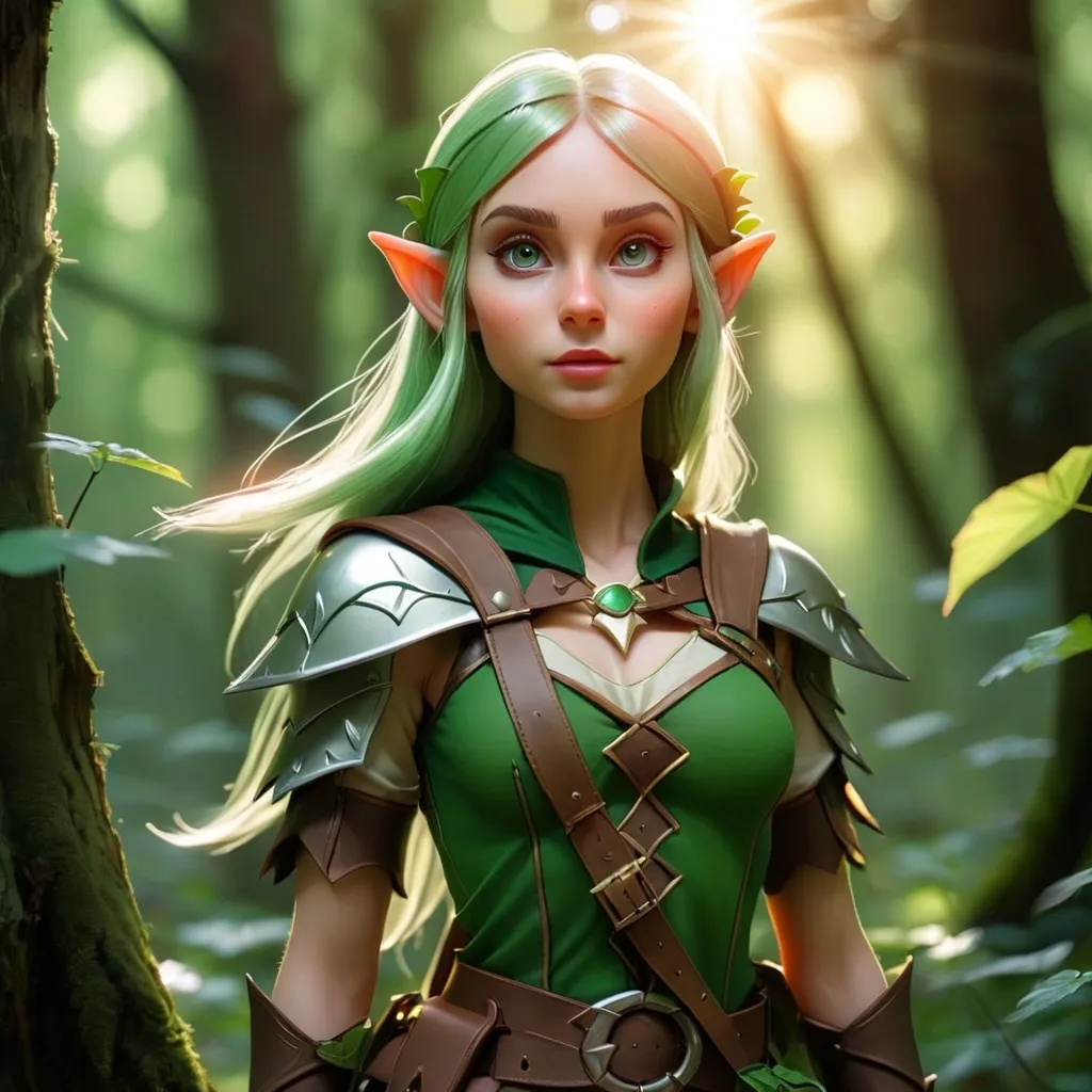 Prompt: Elf ranger in a mystical forest around sunlight girl