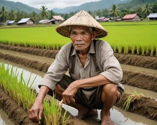 Prompt: Create a poignant image capturing the essence of an elderly Filipino farmer in a traditional rice farming setting, amidst the backdrop of changing times and challenges.

Character: Feature an elderly Filipino farmer, weathered and wise, dressed in worn-out Barong Tagalog or farmer's attire, embodying a lifetime of dedication to rice farming.

Setting: Show a rural landscape with terraced rice paddies, meticulously tended to by hand, reflecting the enduring traditions of Filipino agriculture.

Activity: Depict the farmer engaged in a task that signifies his expertise and connection to the land, such as planting or inspecting rice crops.

Environment: Convey the natural beauty of the Philippine countryside, with elements like coconut trees, carabaos (water buffaloes), and a gentle breeze rustling through the fields.

Emotion: Capture the farmer's expression, conveying a mix of pride, resilience, and concern, as he confronts the challenges posed by modernization and environmental changes.

Detail: Highlight the traditional farming tools and techniques, such as the wooden plow (araro) or planting stick (dapog), showcasing their role in sustaining Filipino agricultural heritage.

The composition should evoke a deep sense of respect for the farmer's lifelong dedication to rice farming, while subtly addressing the broader themes of tradition, sustainability, and adaptation.