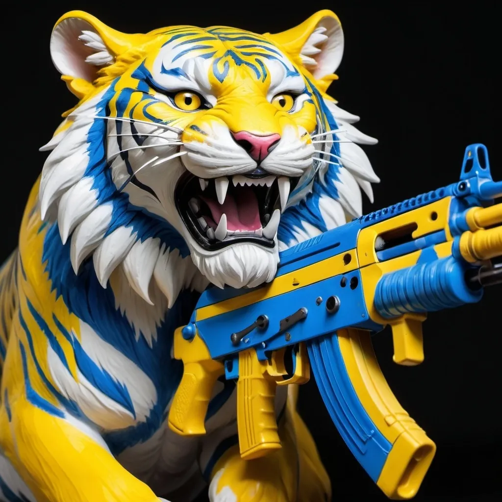 Prompt: A Yellow and blu Tiger White big fangs and an ak-47