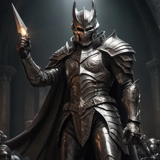 Prompt: realistic knight caped Steppenwolf armer holding a solder up with one hand is the 3 feet in the air and about to kill him