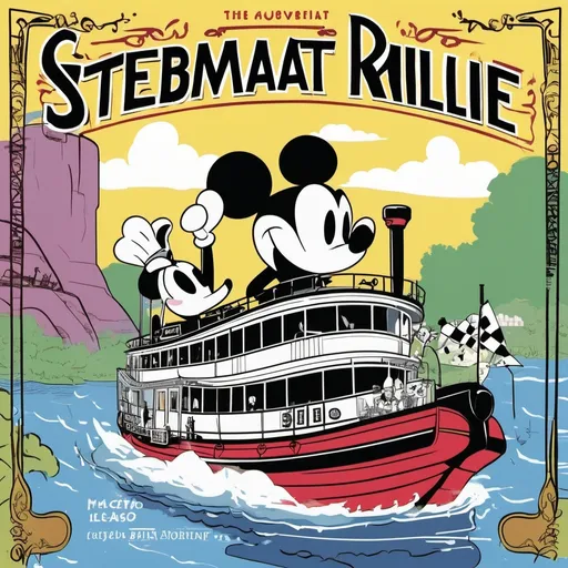 Prompt: A vibrant and nostalgic cover featuring a classic steamboat with an adventurous twist. The steamboat is piloted by a character resembling Steamboat Willie but with a fresh design. The background shows a bustling river with whimsical creatures.
Text: "Steamboat Willie: The Adventures Begin - Issue #1"