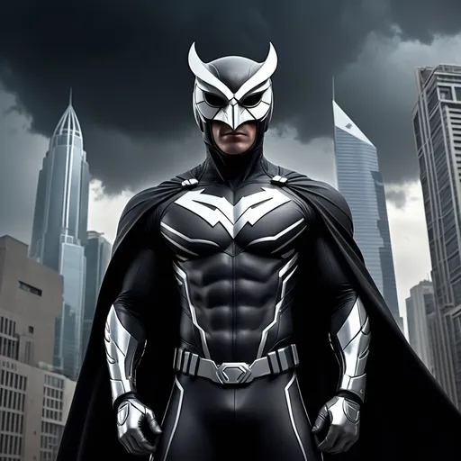 Prompt: A dramatic, dark cityscape with towering skyscrapers under a stormy sky. In the foreground stands Nick Terry, donned in his new modern superhero costume: a sleek, black suit with silver accents, a stylized owl emblem across his chest, and a high-tech mask that covers his eyes, leaving only his mouth visible. His cape flows dramatically behind him, and his eyes are intense, focused.