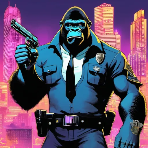 Prompt: The cover features Six-Gun Gorilla in a dynamic pose, wearing a police uniform with a badge proudly displayed. He holds a pair of revolvers in each hand, with a determined expression on his face. The city of Starhaven gleams in the background, with towering skyscrapers and neon lights.