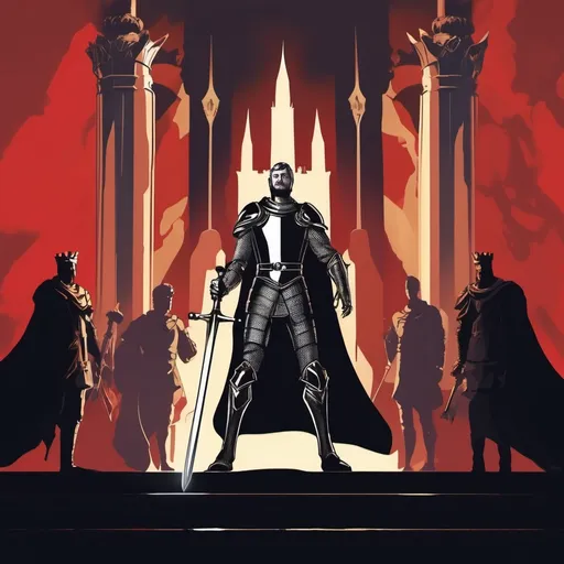 Prompt: A dramatic illustration of King Arthur (modern-day) wielding a high-tech version of Excalibur with his team in the background. The shadowy organization’s emblem looms ominously in the background.