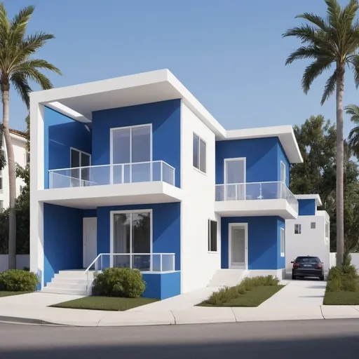 Prompt: create a logo for real estate showing commercial and doing bussiness for 2 to 4 units make it modern using the colors blue and white and put the slogan Turning Houses into Homes, Together.