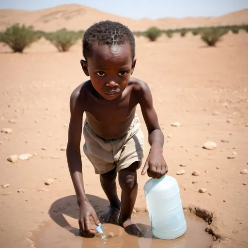 Prompt: an african child is the thirstiest human in the world and is currently searching for water in the desert
