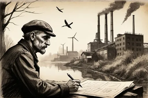 Prompt: Rough hand-drawn with a pen sketch of German poet in 1928, surrounded by industrial evolution, contemplating nature, gritty and dirty industrial setting, thoughtful expression, industrial revolution, 1928, nature, birds, rough sketch, hand-drawn, industrial setting, contemplation, gritty, dirty, rough texture, historical, vintage, environmental contrast, detailed illustration, sepia tones, atmospheric lighting