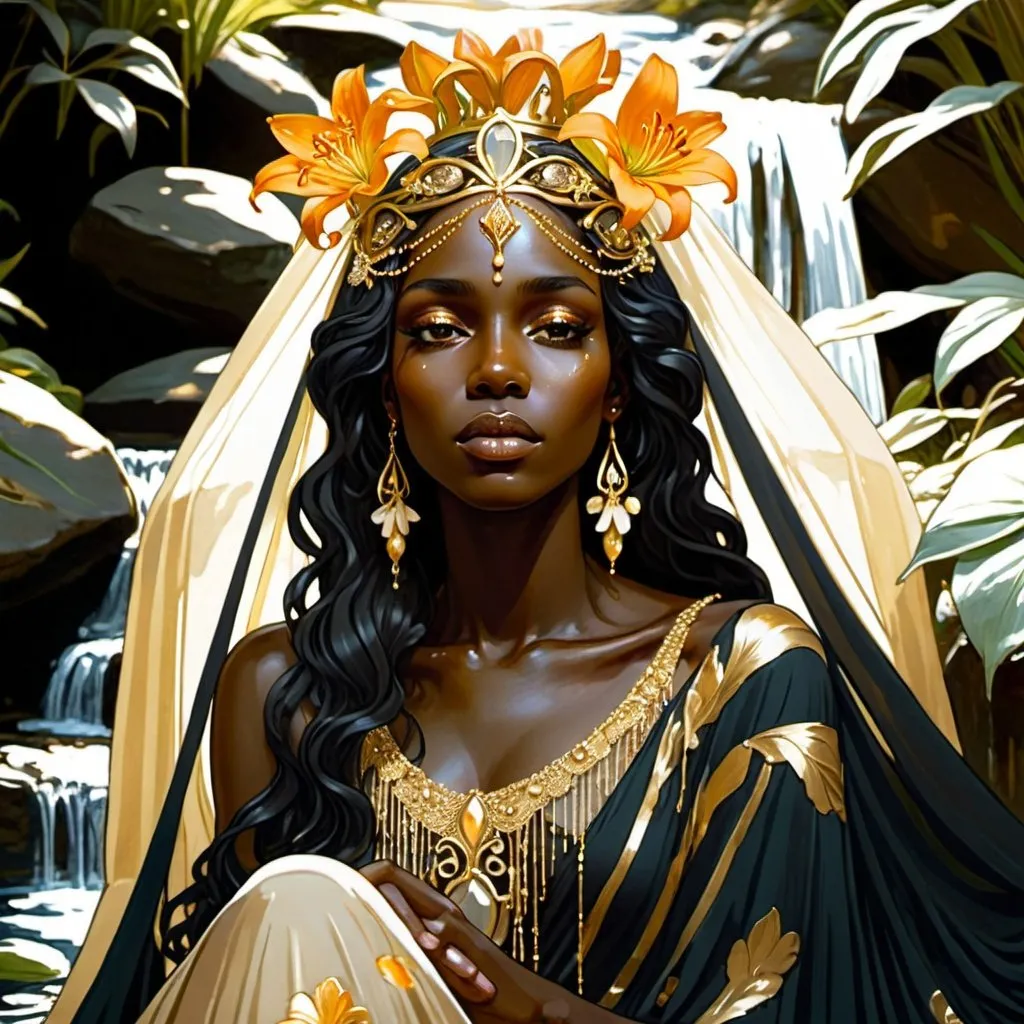 Prompt: Dark black skin Woman, face beaded veil hanging over eyes, golden crown, long curly hair, sitting on a waterfall, lilies, shades of gold, handheld mirror, shades of gold, art nouveau, Alphonse Mucha style