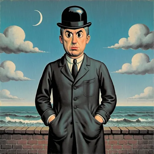 Prompt: Make a retro looking cover art for a music single with the title of the song, wishicouldseeyouagain in bold and gothic type font in front of a The Son of Man, a 1964 painting by the Belgian surrealist painter René Magritte. It is perhaps his best-known artwork. Magritte painted it as a self-portrait. The painting consists of a man in an overcoat and a bowler hat standing in front of a low wall, beyond which are the sea and a cloudy sky. Put The the only text, as mentioned above,  wishicouldseeyouagain. right above the bowler hat and center it.