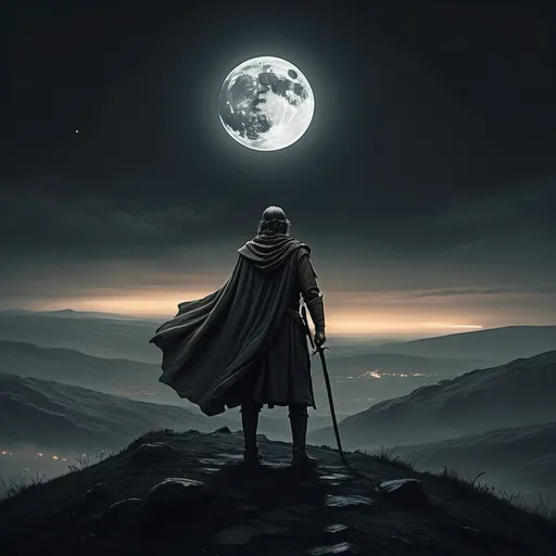 Prompt: in Tolkien's style, an unknown warrior looking towards a dark horizon where he must go, standing on a hill in the moonless night.