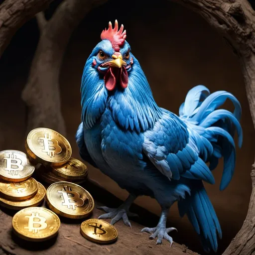 Prompt: make a picture of a blue chicken roost sitting with cryptocurrencies