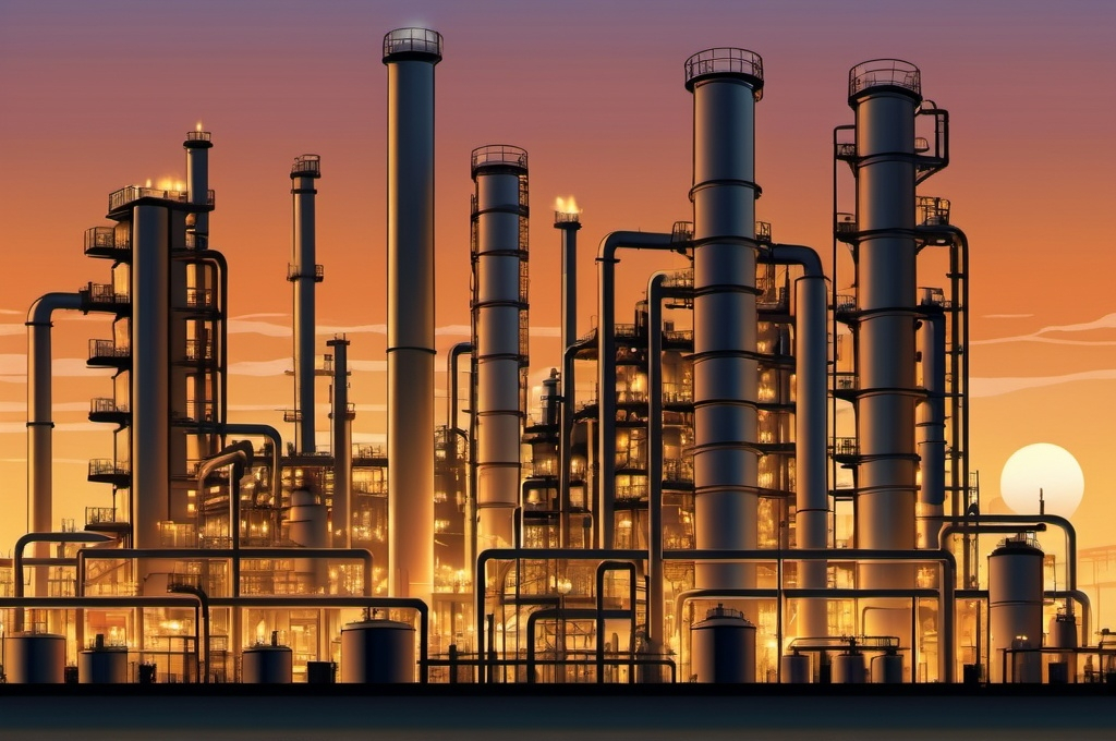 Prompt: "A vector of a petrochemical plant shown from a wide perspective at sunset. The design should include large towers, tanks, pipelines, and industrial equipment with detailed features and colors suitable for the petrochemical industry, illuminated by the warm, golden hues of the setting sun."