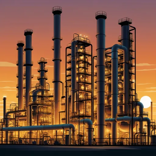 Prompt: "A vector of a petrochemical plant shown from a wide perspective at sunset. The design should include large towers, tanks, pipelines, and industrial equipment with detailed features and colors suitable for the petrochemical industry, illuminated by the warm, golden hues of the setting sun."