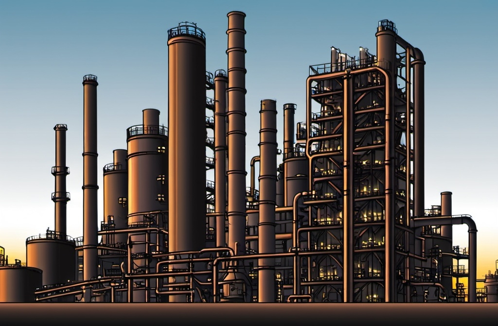 Prompt: "A vector of a petrochemical plant shown from a wide perspective at sunset. The design should include large towers, tanks, pipelines, and industrial equipment with detailed features and colors suitable for the petrochemical industry, illuminated by the warm, golden hues of the setting sun."