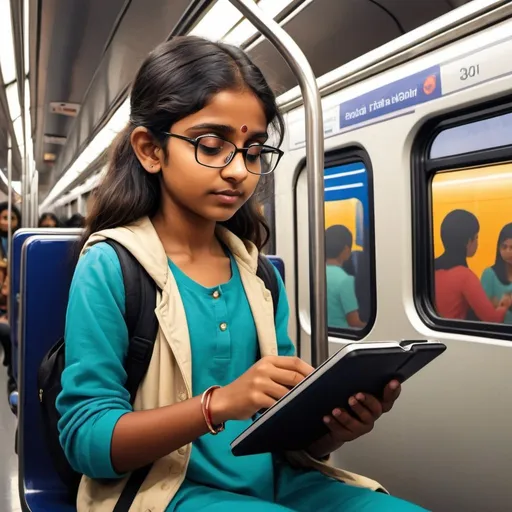 Prompt: create a cartoon style image where a young indian girl reading an eBook on a device  on a Metro rail