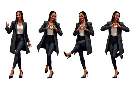Prompt: digital illustration confident woman 3114931c with long braided hair, dark trench coat, black pants, black high-heeled shoes Multiple instances of the same character in different poses on a white background. The character is shown: Dancing: mid-dance move, arms and legs in rhythmic motion, joyful expression. Making a heart shape: hands forming a heart shape in front of the chest, warm smile. Kicking: one leg extended in a kicking motion, arms for balance, determined look. Walking: mid-stride, one foot in front of the other, natural arm swing, casual pose. Background: Clean white background, providing a pristine backdrop. Ample space between poses. Character design consistent across all poses. Arrange poses in a visually pleasing composition across the image.