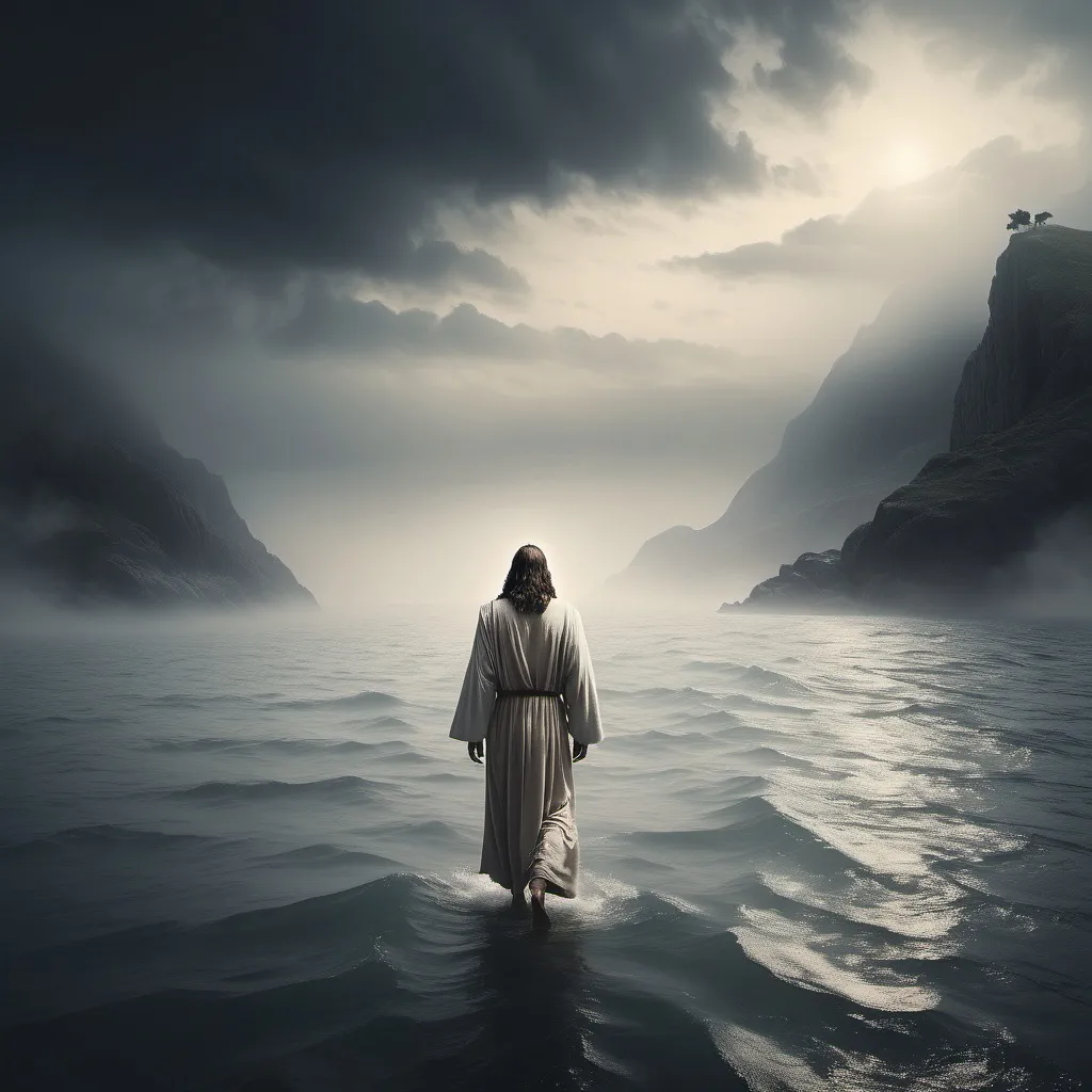 Prompt: Jesus Christ walking alone on the sea and thinking about something fog atmosphere and beautiful landscape