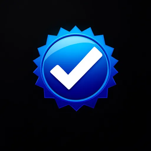 Prompt: A vibrant blue badge featuring a prominent white checkmark sits against a contrasting black background, creating a striking visual effect. The badge has a starburst shape with pointed edges, enhancing its prominence and giving it a dynamic presence. The clean, minimalist design focuses attention on the checkmark, which symbolizes verification or approval. This emblem’s simple yet bold styling conveys trustworthiness and authenticity. The overall composition is eye-catching and designed to evoke feelings of reliability and status.
