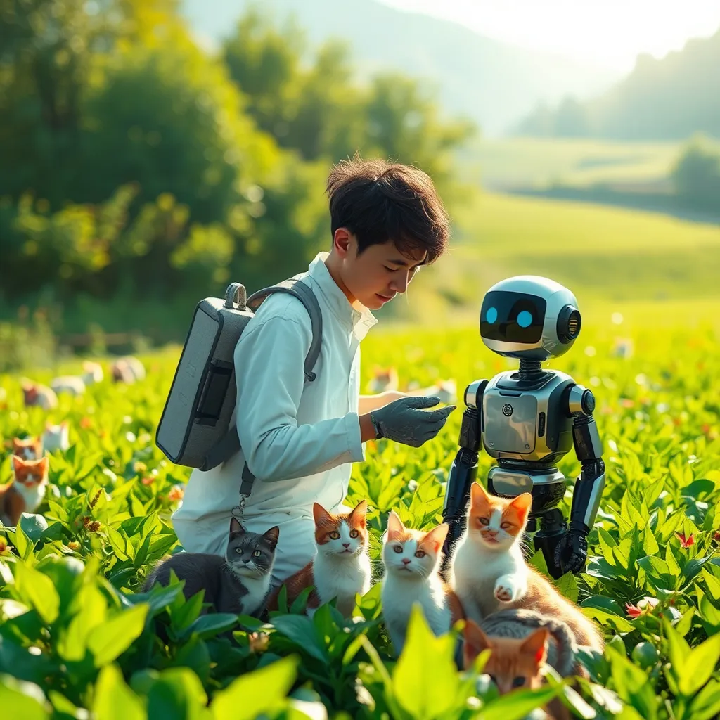 Prompt: A (human working in the fields), adorned in (white clothing), accompanied by a (black robot), surrounded by (colorful cats) among the crops, vivid and lively atmosphere, bright sunlight casting soft shadows, rural landscape with lush greenery, refreshing colors, harmonious blend of technology and nature, high-resolution details, a whimsical touch.