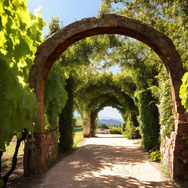 Prompt: A wooden archway which is the entrance to a vineyard 