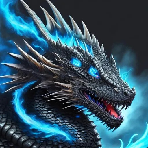 Prompt: Hyper realistic black dragon with stunning blue eyes and blue fire 