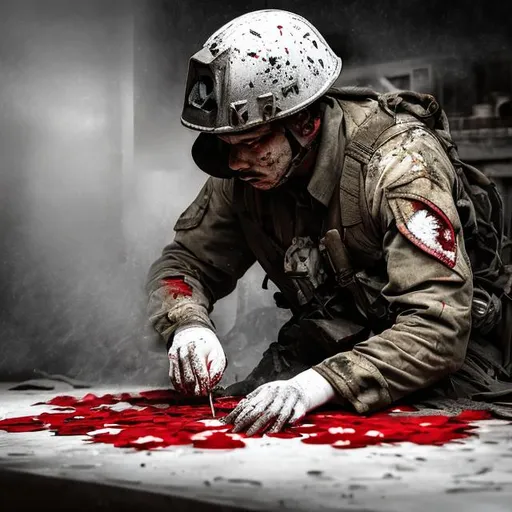 Prompt: Dramatic, gritty, artistic, a soldier painting the petals of white flowers red 