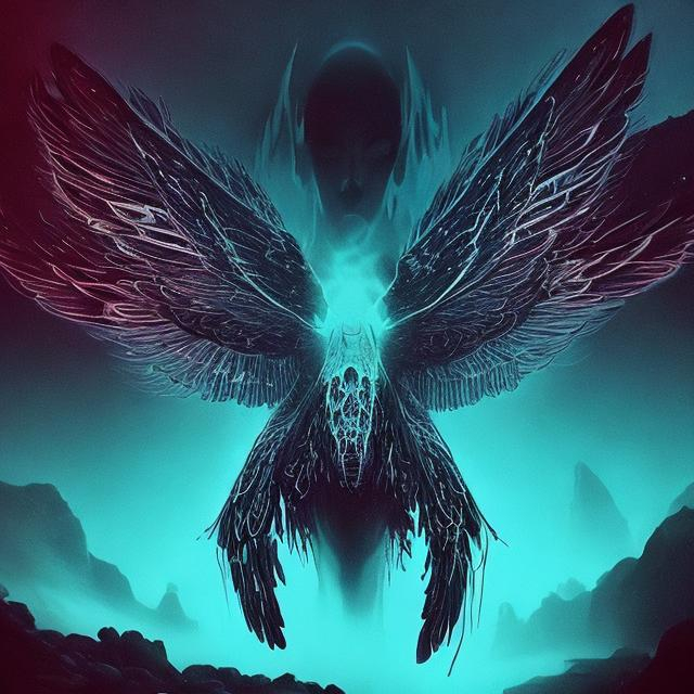 Prompt: Phosphorescence, bleed through spaces drifting past the fog, crystal Waters, perfect oceans. Eyes like fire. Winged insect. Funeral pure. Waking hell, the gods grow tired 