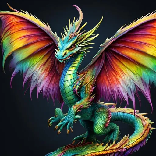 Prompt: High definition, Vibrant dragon with feathered wings