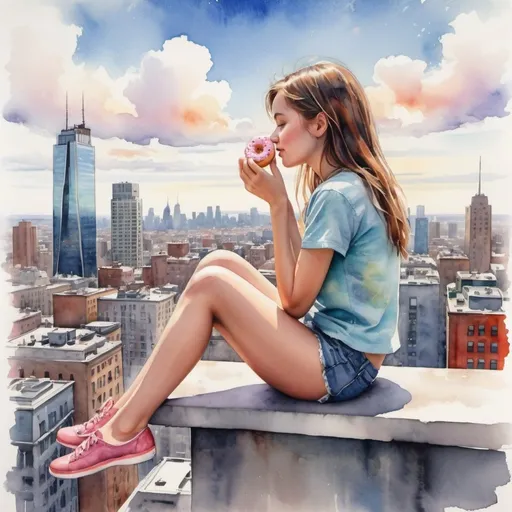 Prompt: a watercolor drawing of a girl eating a delicious donut sitting on top of a skyscraper.
