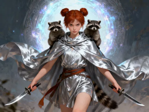 Prompt:  
Draw an athletic- looking white girls with auburn hair, pulled into two side buns, who has a serious/mischievious and wise face. She is wearing a flowing silver cloak and has a portal behind her. She is holding daggers in each hand. She has two raccoons sitting on her shoulders and there is one raccoon beside her.