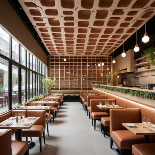 Prompt: A beautiful longitudinal restaurant design that serves food
