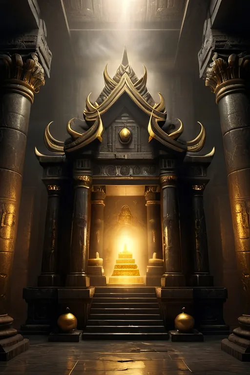 Prompt: Dark temple with golden treasure, high detail, sharp, 3D render, atmospheric fog, intense lighting, smoke, ancient architecture, rich gold tones, mysterious ambiance, high quality, treasure room, realistic 3D rendering, detailed textures, mystical atmosphere, haunting shadows, ancient ruins, professional, dramatic lighting, detailed ornaments, foggy atmosphere