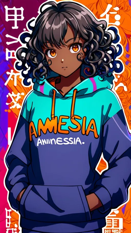 Prompt: "Create an anime-style character with curly hair, a slightly larger body build, and slightly dark skin. The character has slightly narrow eyes and wears a hoodie with the word 'ANIMESIA' written on it. The background also features the word 'ANIMESIA' in a stylish, artistic font. The overall style should be highly detailed and visually stunning, with vibrant colors and dynamic shading." male character