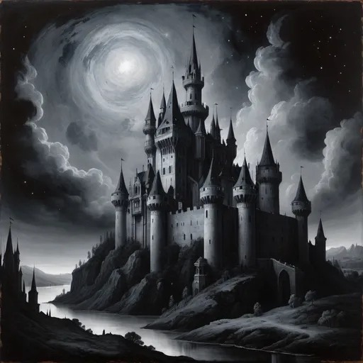 Prompt: renaissance painting of a gothic, monochromatic castle with a dark nebula in the sky
