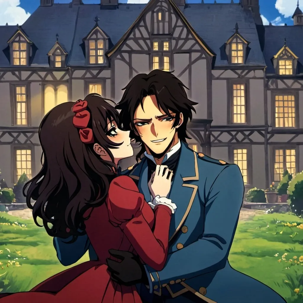 Prompt: anime, detailed, heathcliff and catherine kissing with a manor house in the background