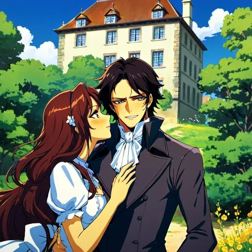 Prompt: anime, detailed, heathcliff and catherine kissing with a manor house in the background