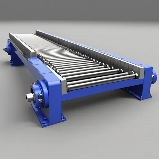 Prompt: A CAD drawing of a complex machine part.roller conveyor. length 6m. number of rollers 40. roller diameter 40mm. height of conveyor legs 100cm