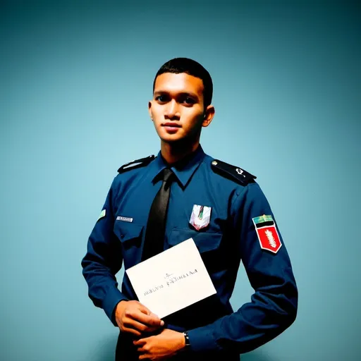 Prompt: a man in a blue uniform poses for a picture in front of a blue wall with a black tie, Abidin Dino, sumatraism, professional photo, a character portrait