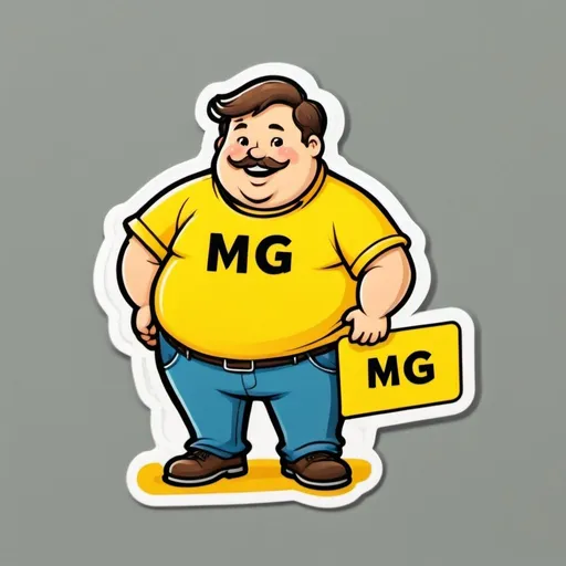 Prompt: Fat IT specialist with a yellow shirt and the letters M G on the boarder