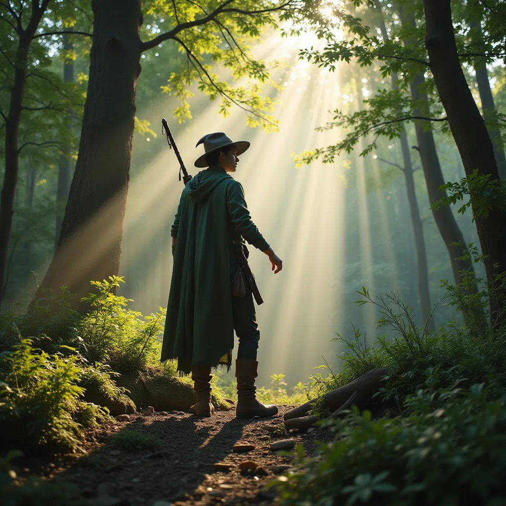 Prompt: Elf ranger in a mystical forest around sunlight