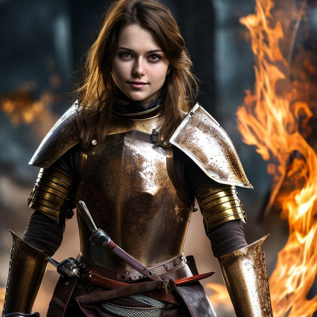 Prompt: High quality, high resolution, not ugly, pretty, attractive mid-20s girl with brown hair, wearing brown armour, sleveless arms, holding a sword, fire in he background