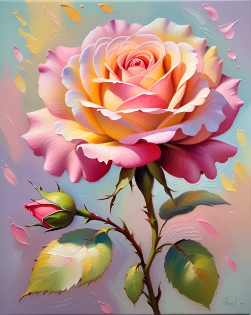 Prompt: Impressionistic oil painting of a vibrant rose, textured brushstrokes, soft pastel colors, delicate petals, subtle scent of roses, high quality, impressionism, pastel hues, textured brushwork, vibrant blooms, soft and delicate, artistic, subtle fragrance