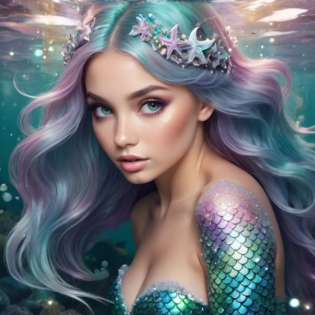 Prompt: Mermaid inspired glamorous sparkle and iridescent art keep the colors beautiful tones make it ethereal but real looking please give me 30 images



