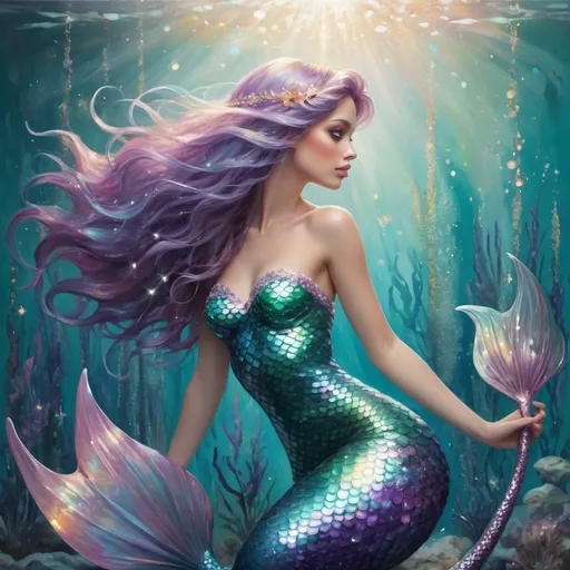 Prompt: Mermaid inspired sparkle and iridescent art keep the colors beautiful tones
