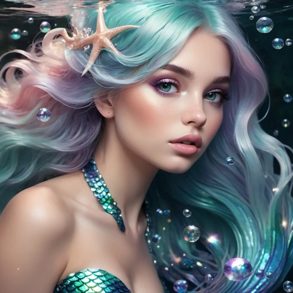 Prompt: Mermaid inspired glamorous sparkle and iridescent art keep the colors beautiful tones make it ethereal but real looking please give me 30 images



