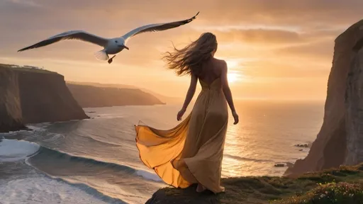 Prompt: A woman standing at the peak, with her back turned, is watching the sea below as her hair is blown by the wind. The sky is painted with a golden sunset, casting a warm glow. Waves crash against the cliffs, and seagulls soar above. Her dress flutters like a flag in the breeze.